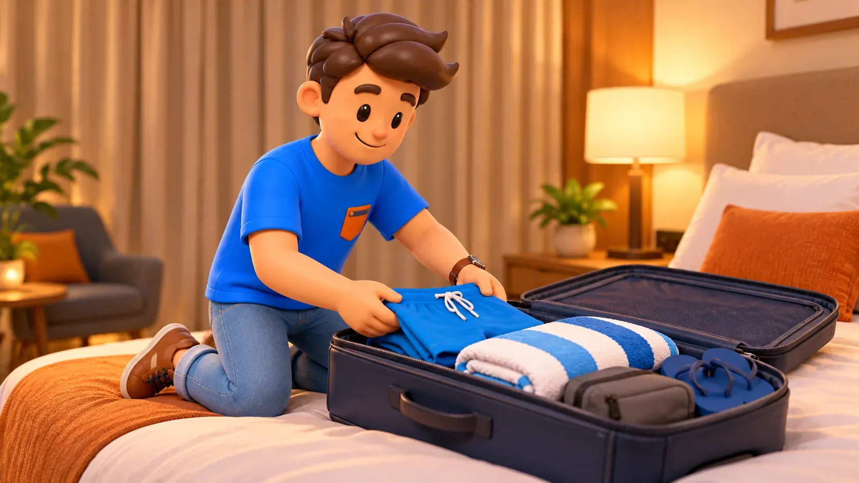 Traveller packing a towel and swimwear