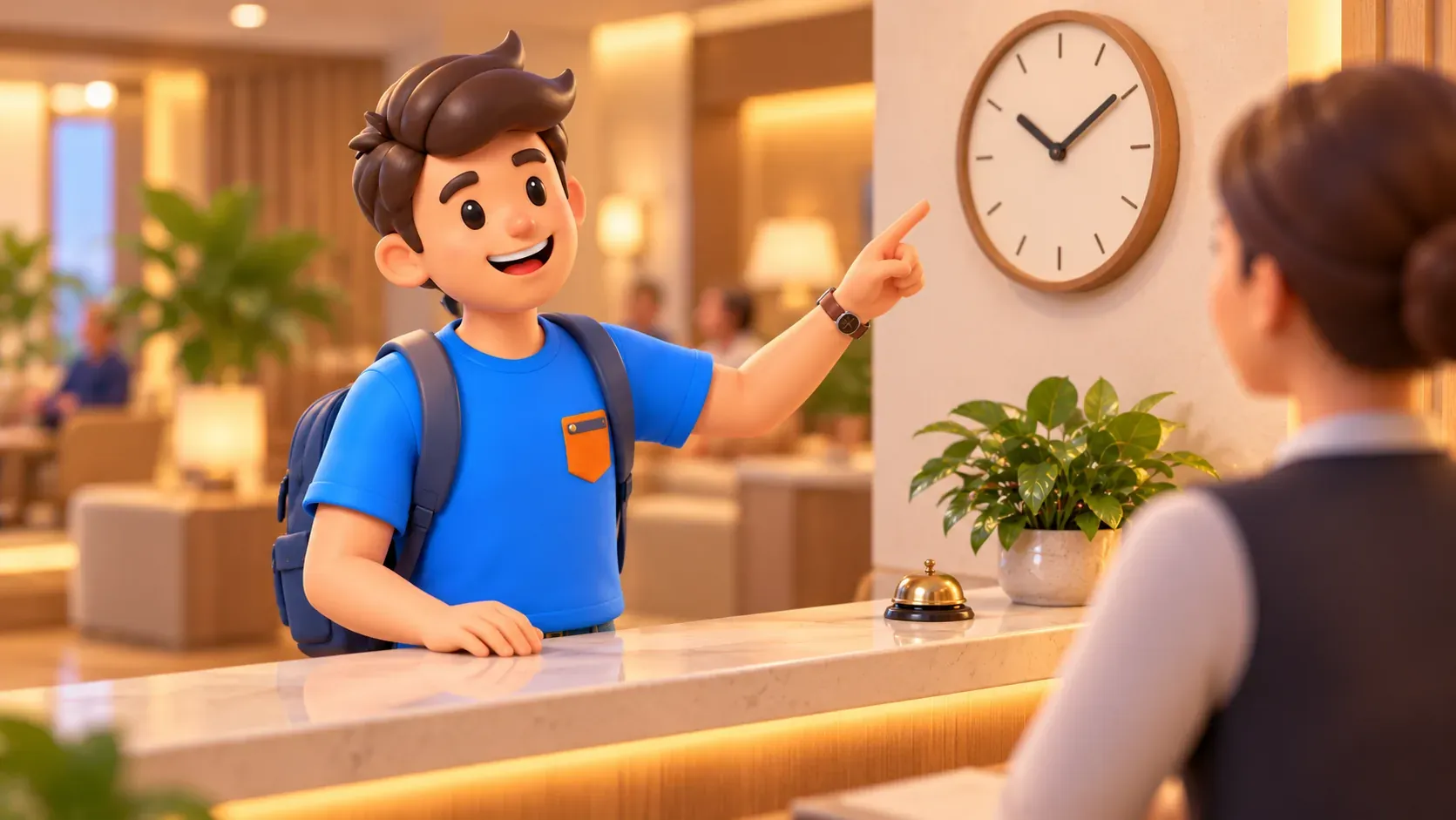 Traveller asking about timing at a reception desk