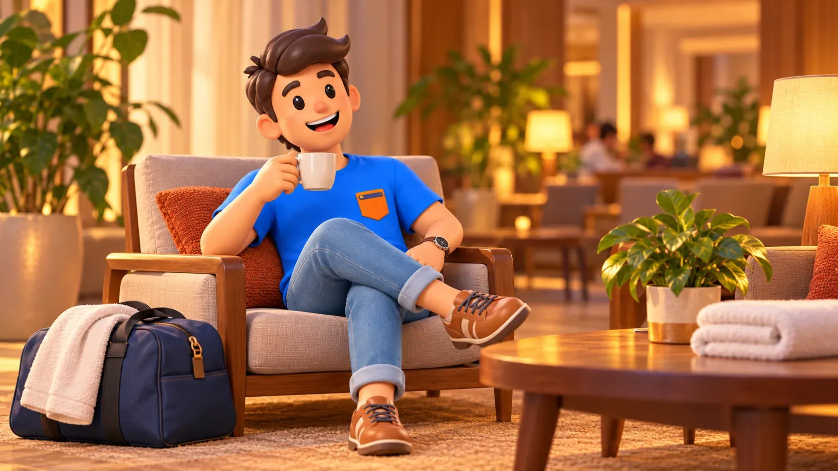 Traveller relaxing with a cup in a quiet hotel lounge
