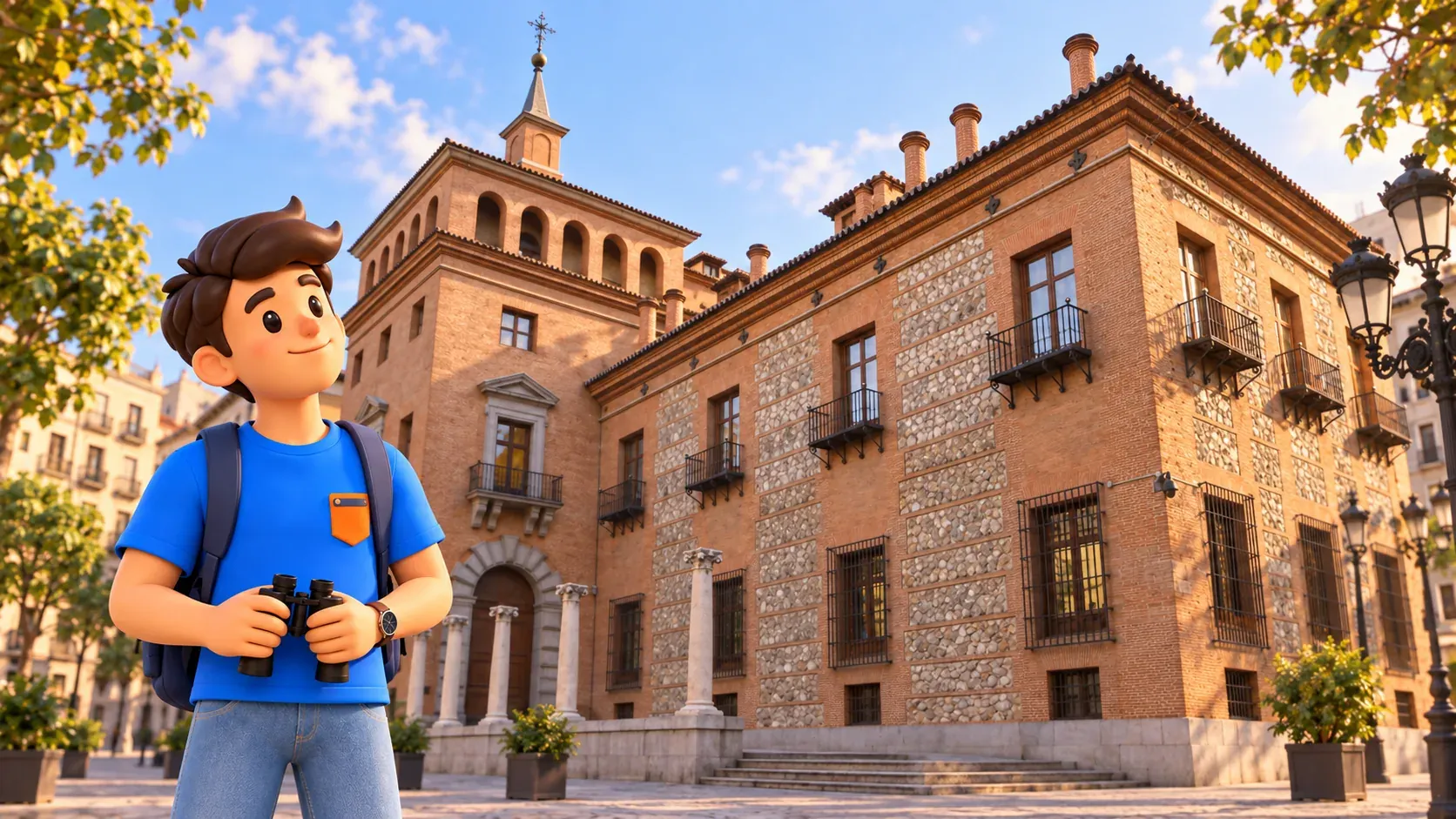 Illustration of a traveller holding lowered binoculars beside the House of Seven Chimneys