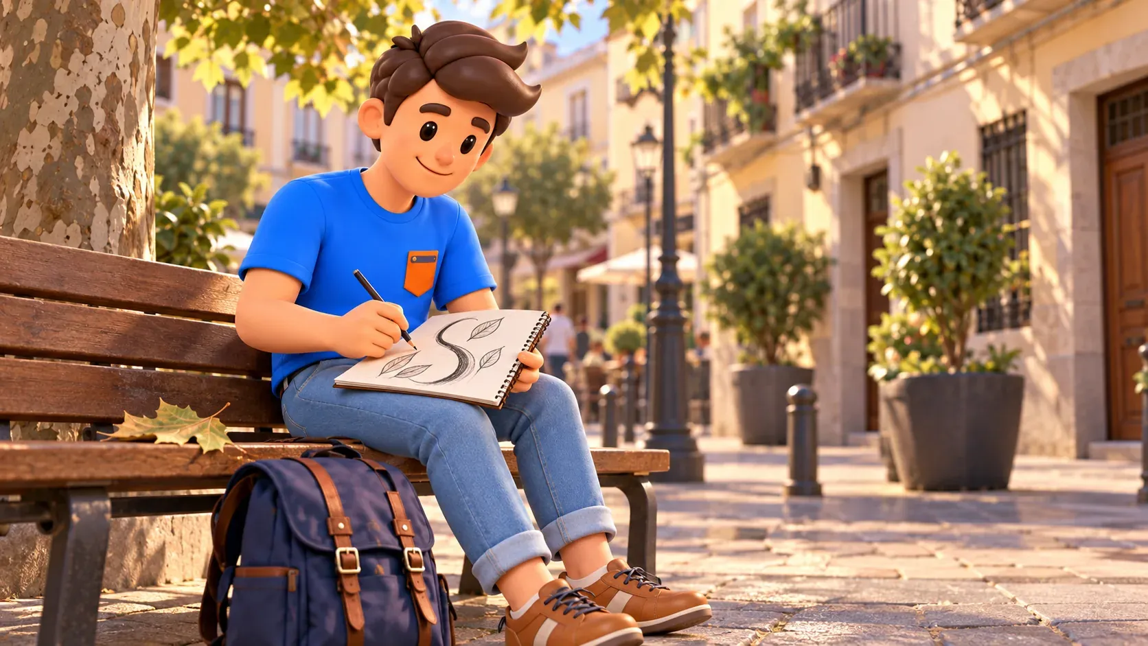 Conceptual illustration of a traveller sketching a plant ornament on a street bench