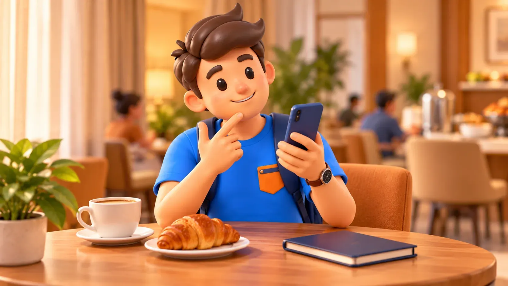 Viajero pensando en sus desplazamientos durante el desayuno