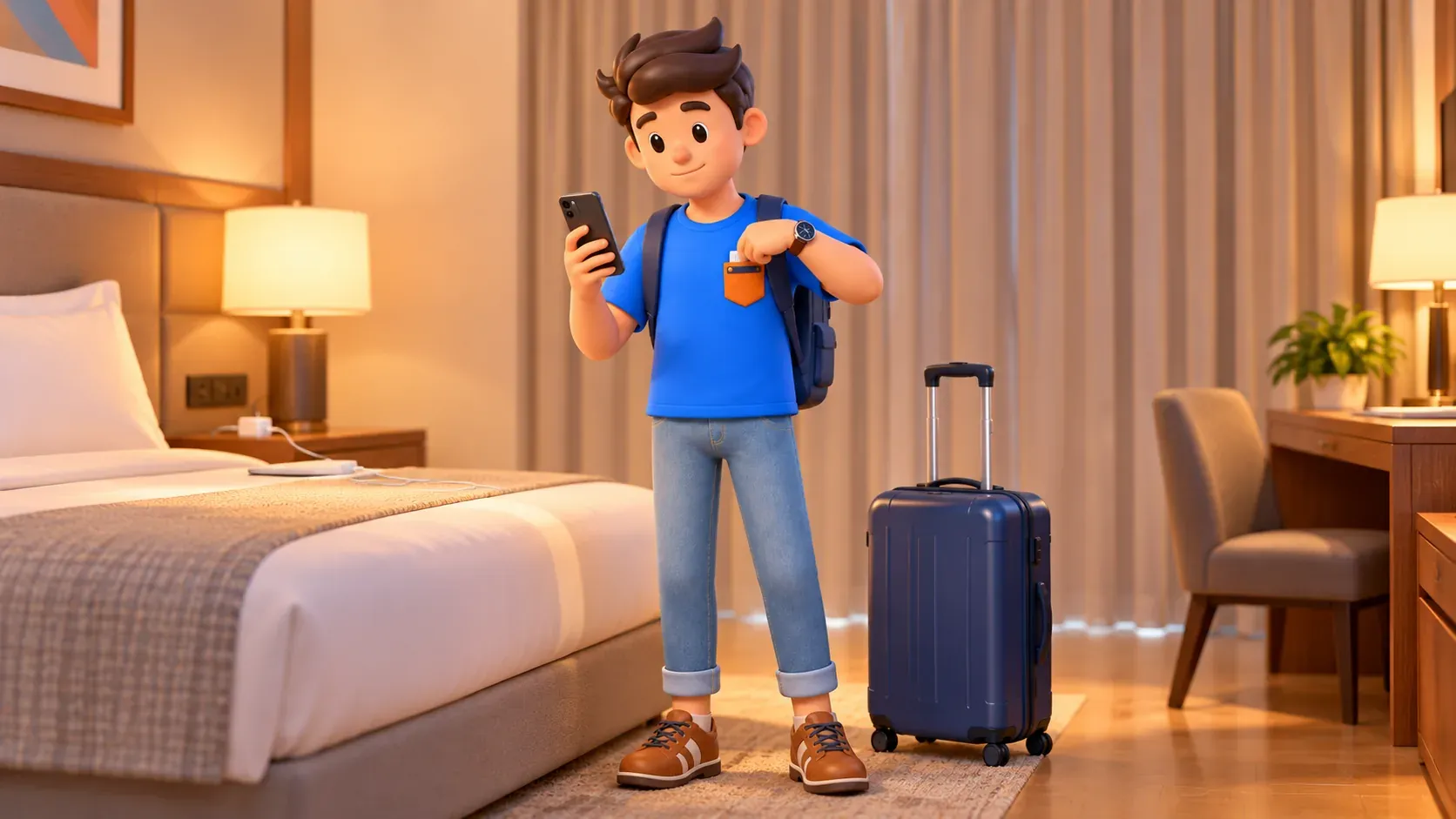 Viajero comprobando el móvil antes de salir de la habitación
