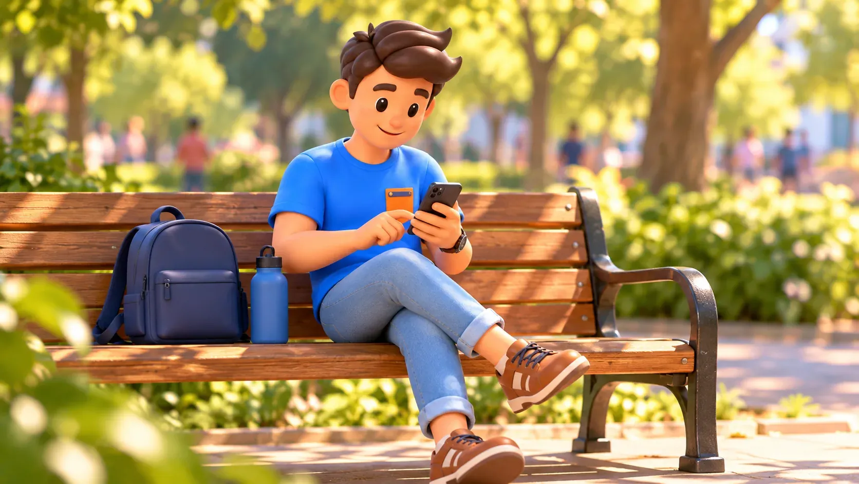 Voyageur consultant son téléphone sur un banc