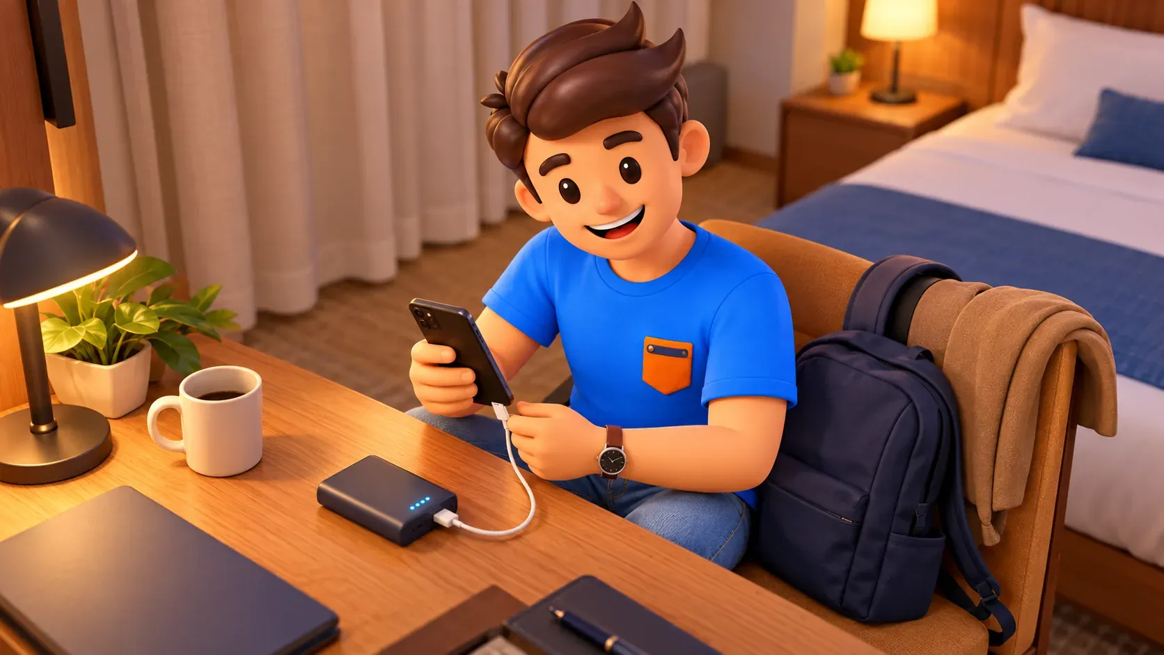 Voyageur rechargeant son téléphone avec une batterie externe