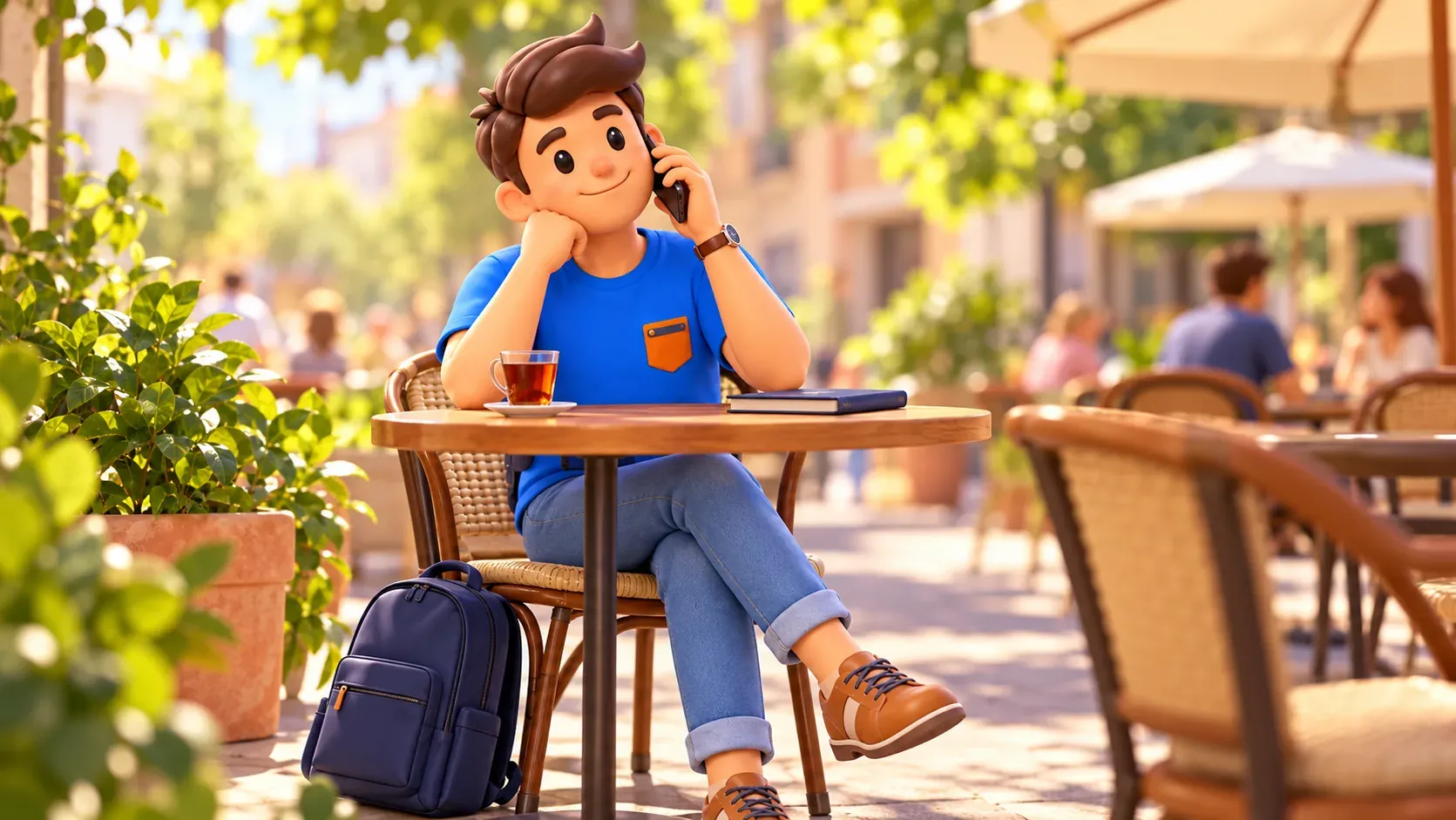 Voyageur parlant au téléphone à une terrasse