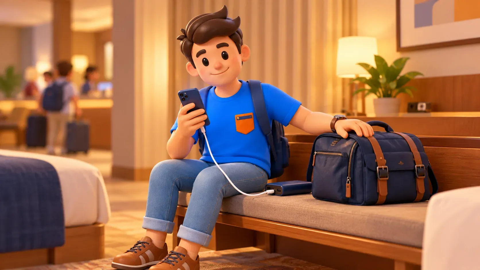 Voyageur rechargeant son téléphone avant de sortir