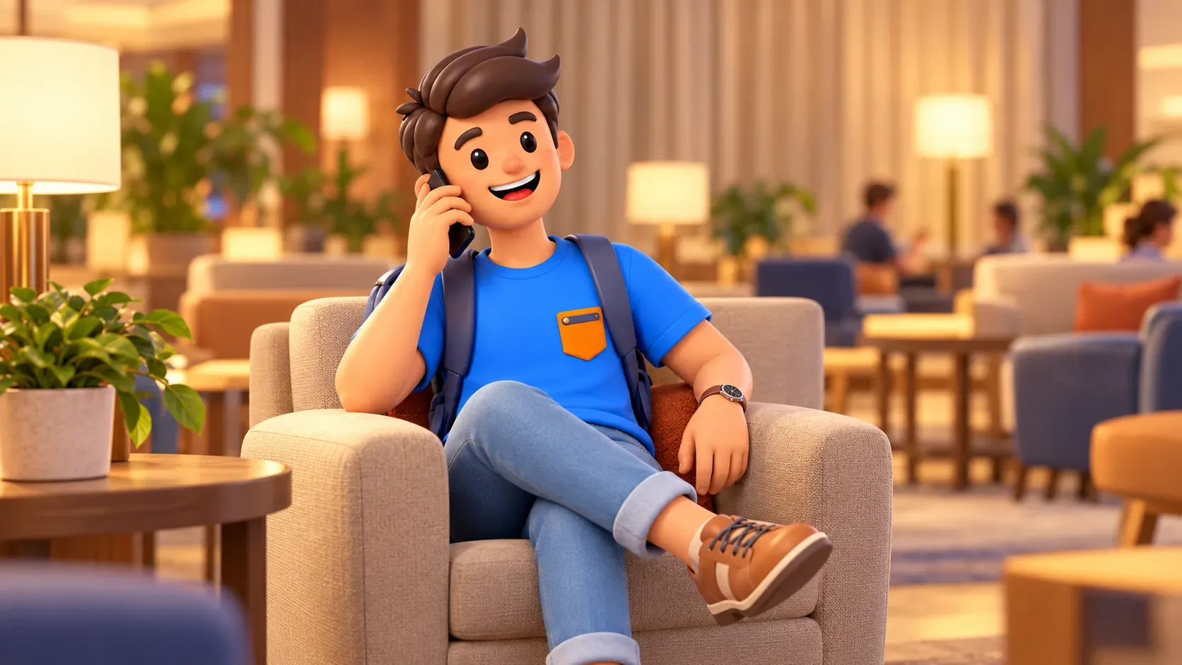 Telephone call in a quiet hotel lounge