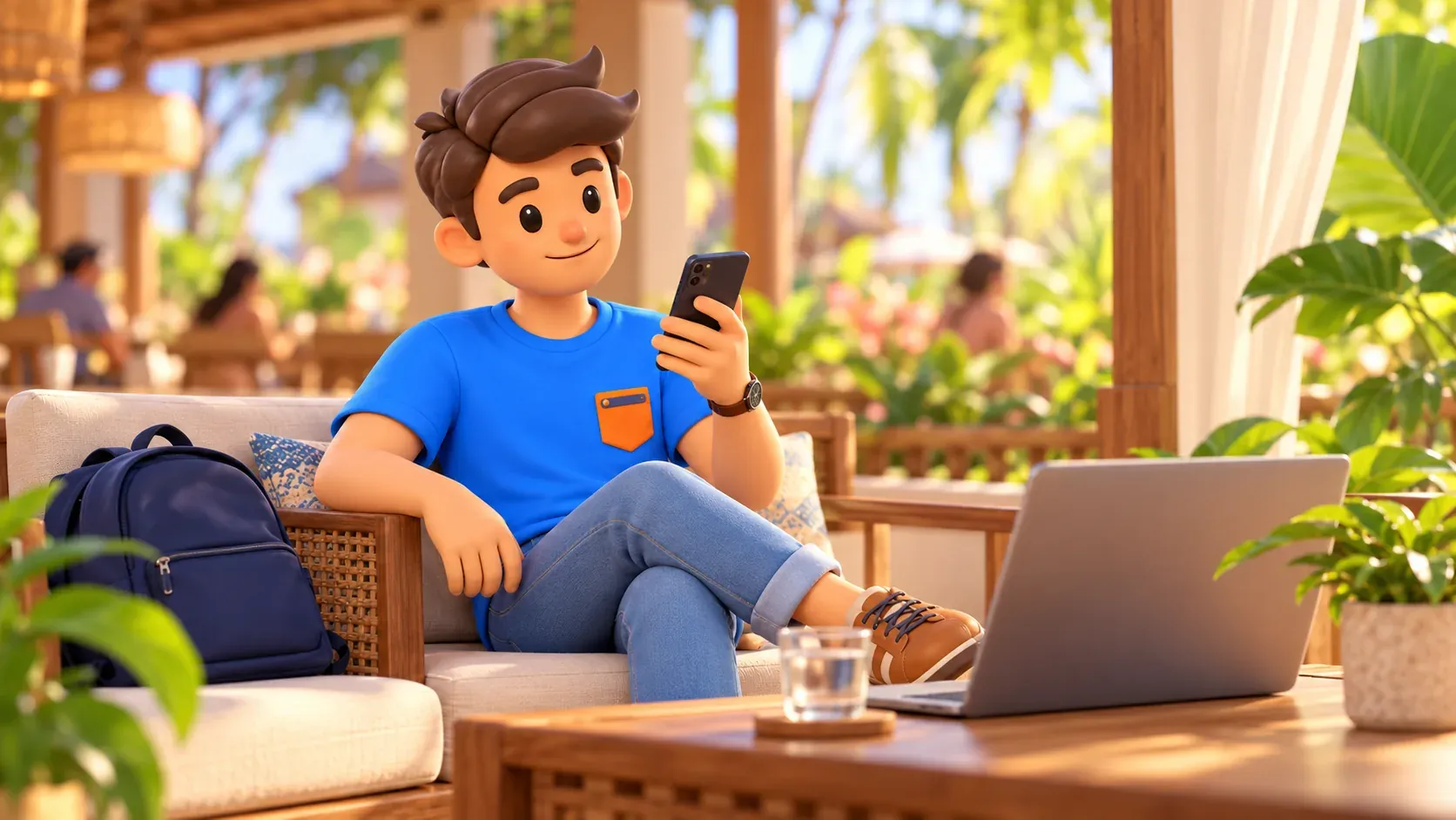 Checking a phone message at a conceptual tropical hotel