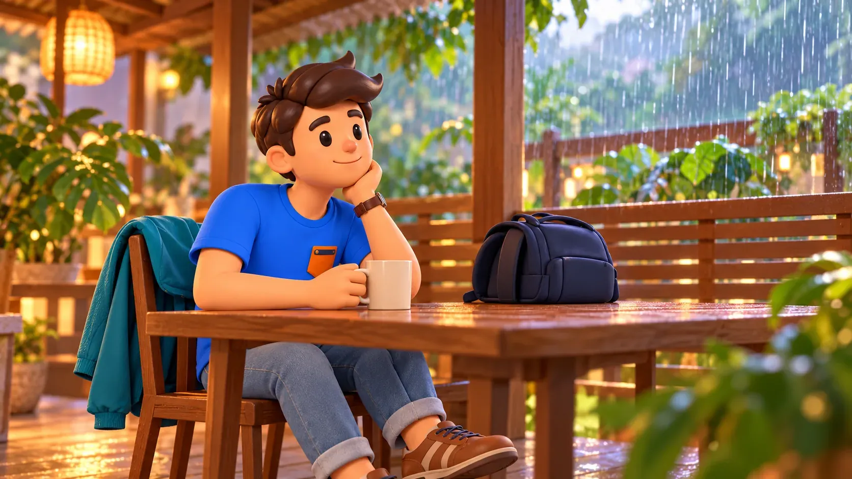 Quiet break on a covered veranda during rain