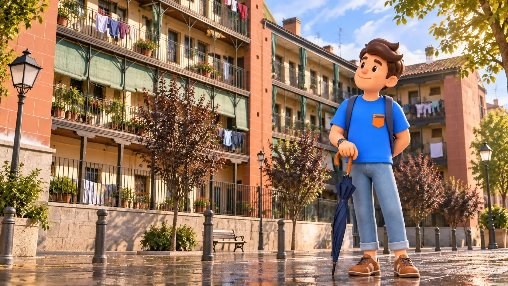 Illustration d’un voyageur avec un parapluie fermé regardant la corrala depuis la rue