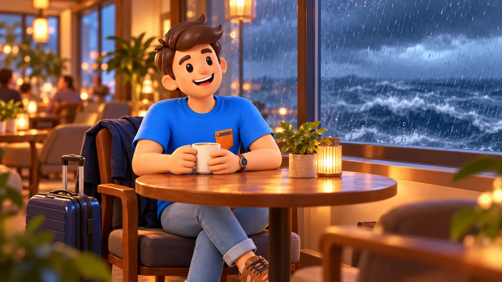 Attente dans un café maritime pendant la pluie