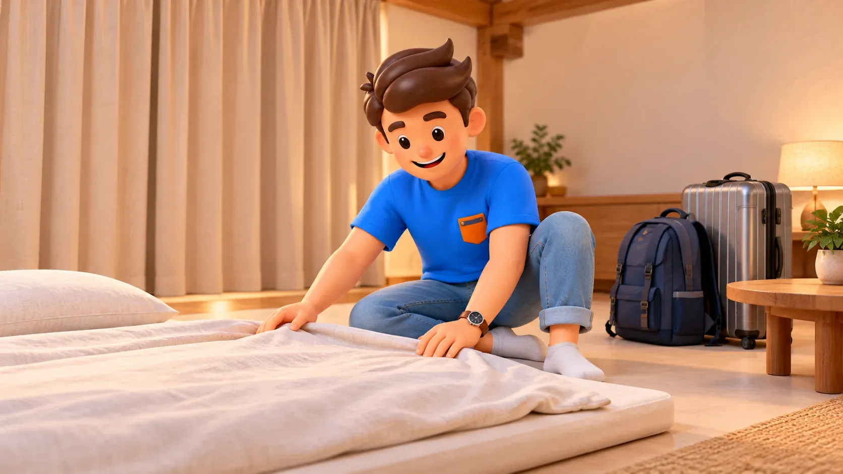 Préparation d’un couchage au sol dans une chambre moderne