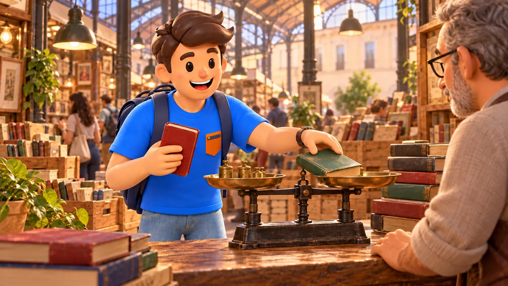 Illustration conceptuelle d’un voyageur avec des livres et une balance de marché