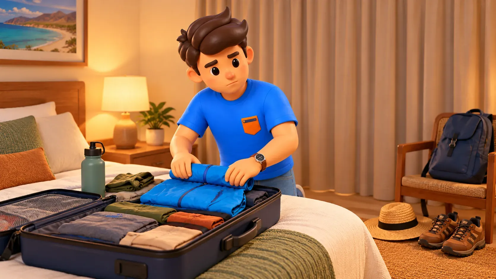 Packing a windproof layer and shoes for different activities