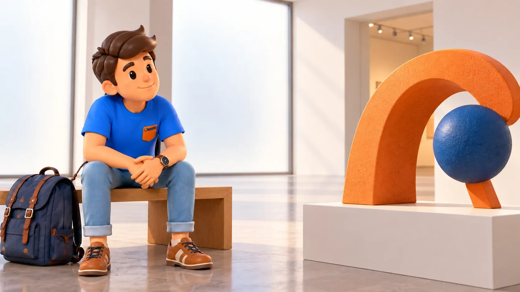 Illustration conceptuelle d’un voyageur regardant une sculpture abstraite fictive