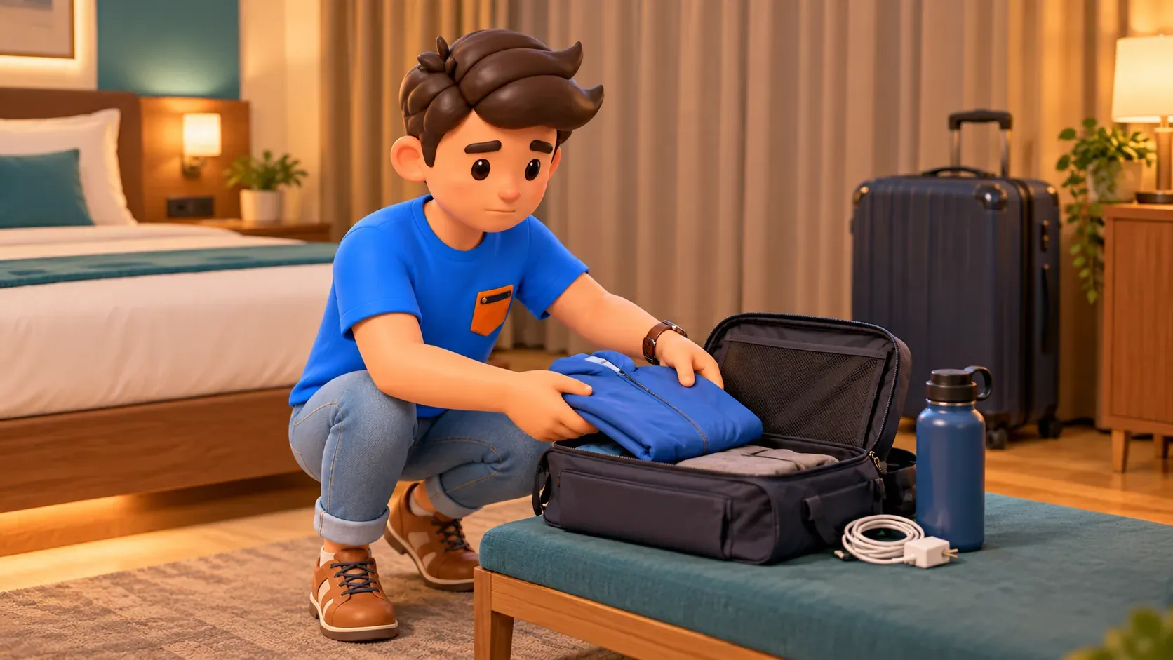 Eine kleine Tasche für die Überfahrt packen