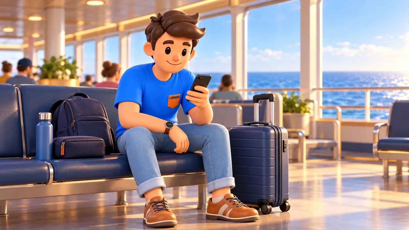 Voyageur avec une valise dans une salle d’attente de ferry