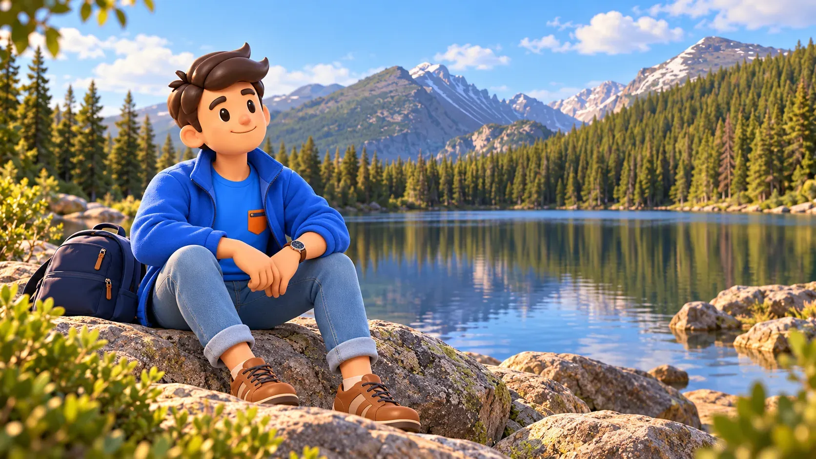 Путешественник отдыхает в тёплой одежде у Bear Lake