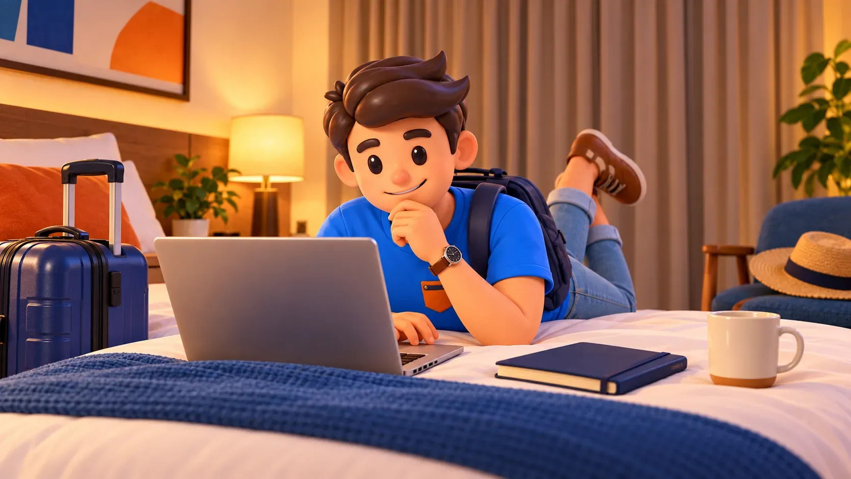 Viajero comparando opciones del viaje en un portátil en la habitación