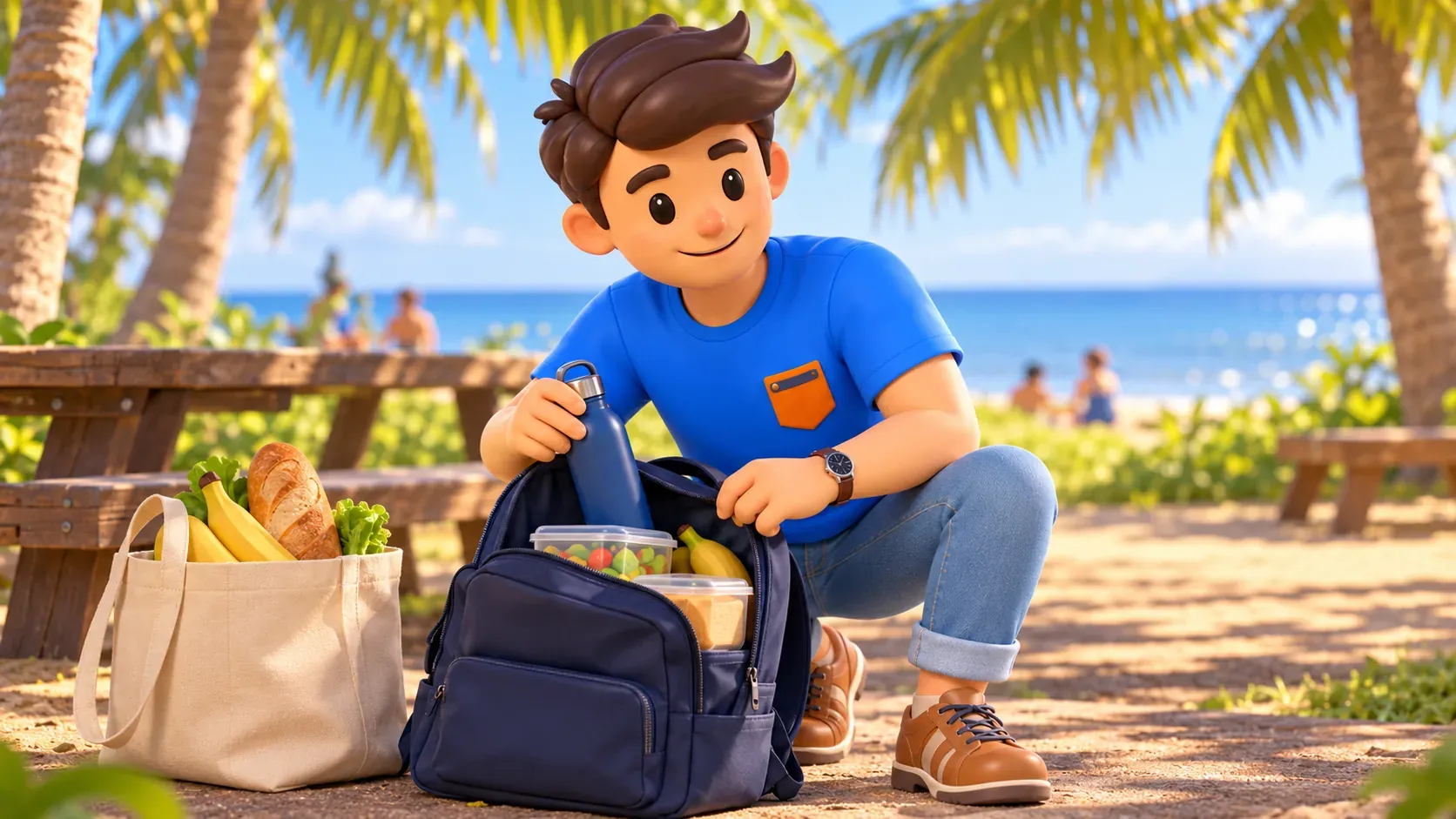 Viajero guardando agua y comida en la mochila
