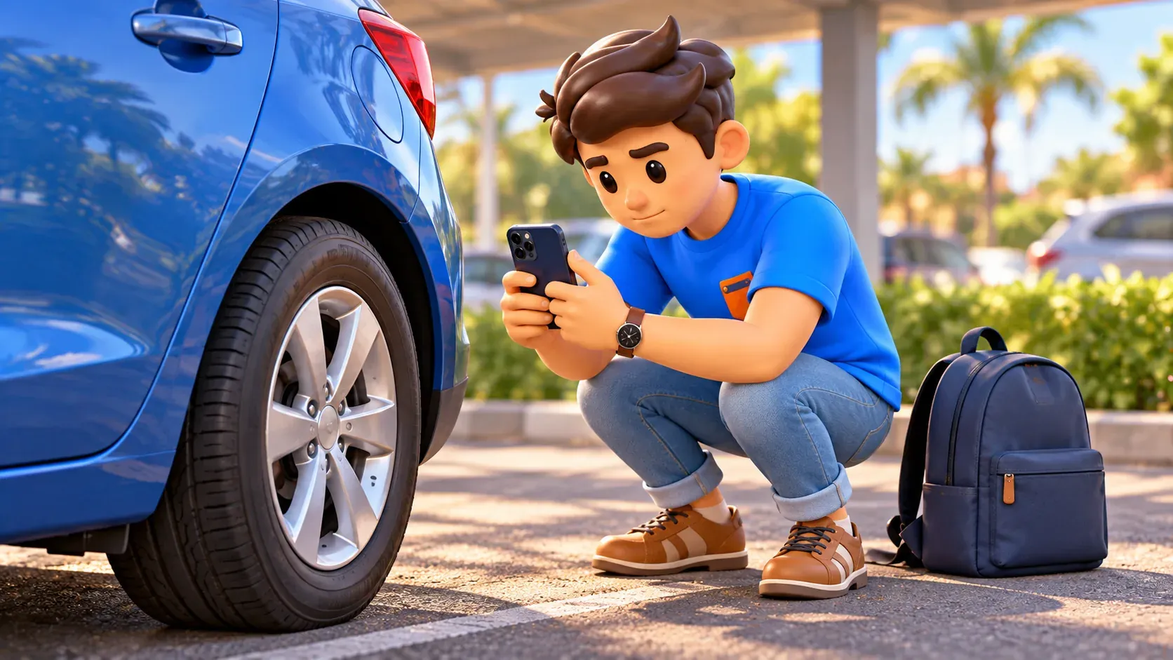 Viajero fotografiando una rueda al revisar el coche alquilado