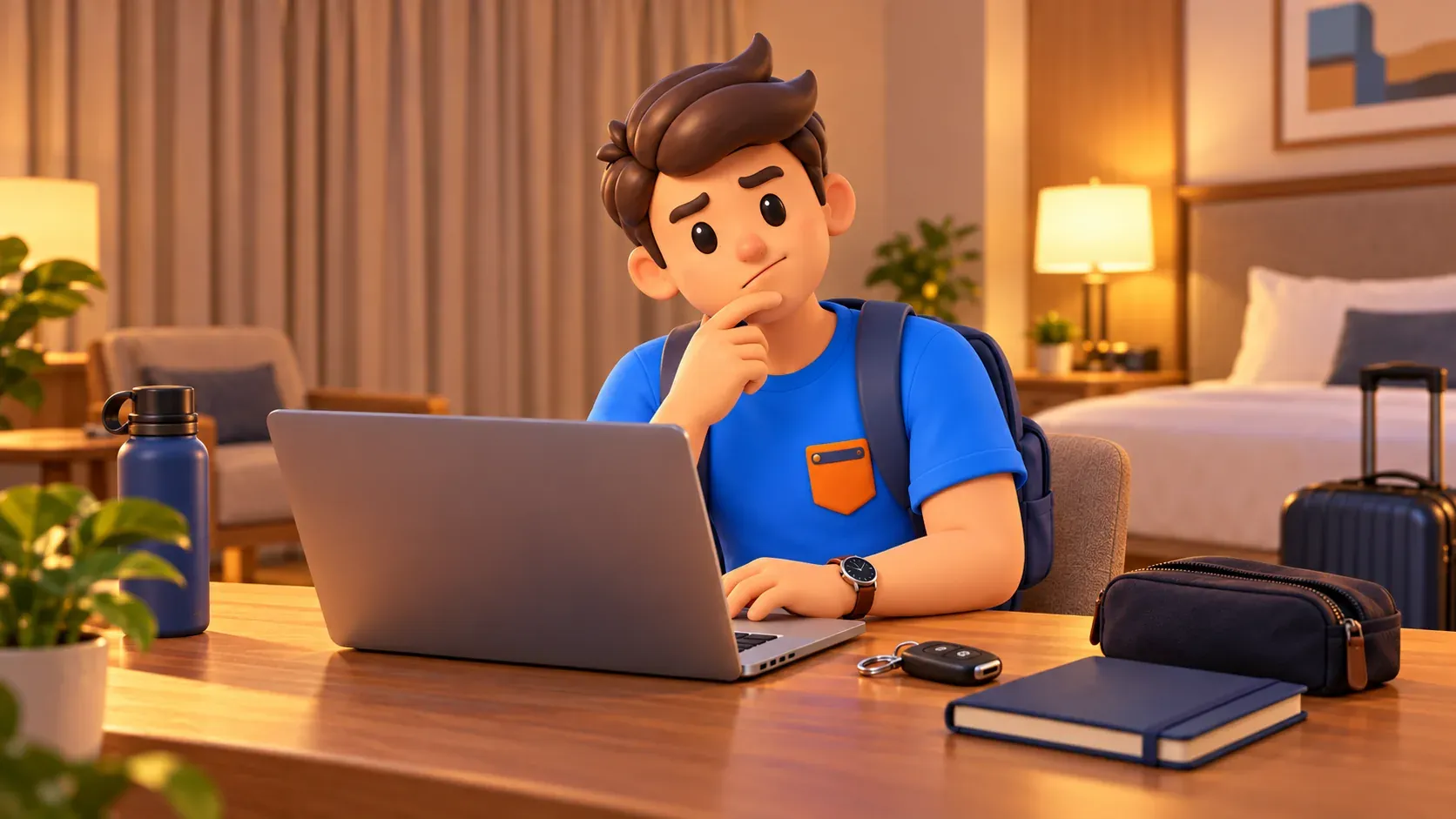 Viajero revisando opciones de alquiler en un portátil