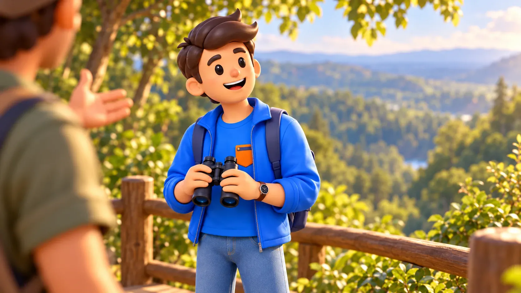Voyageur avec des jumelles écoutant un guide en forêt