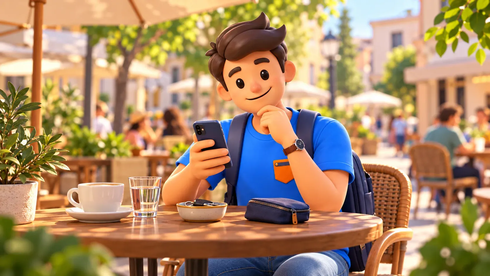 Voyageur consultant des informations sur son téléphone au café