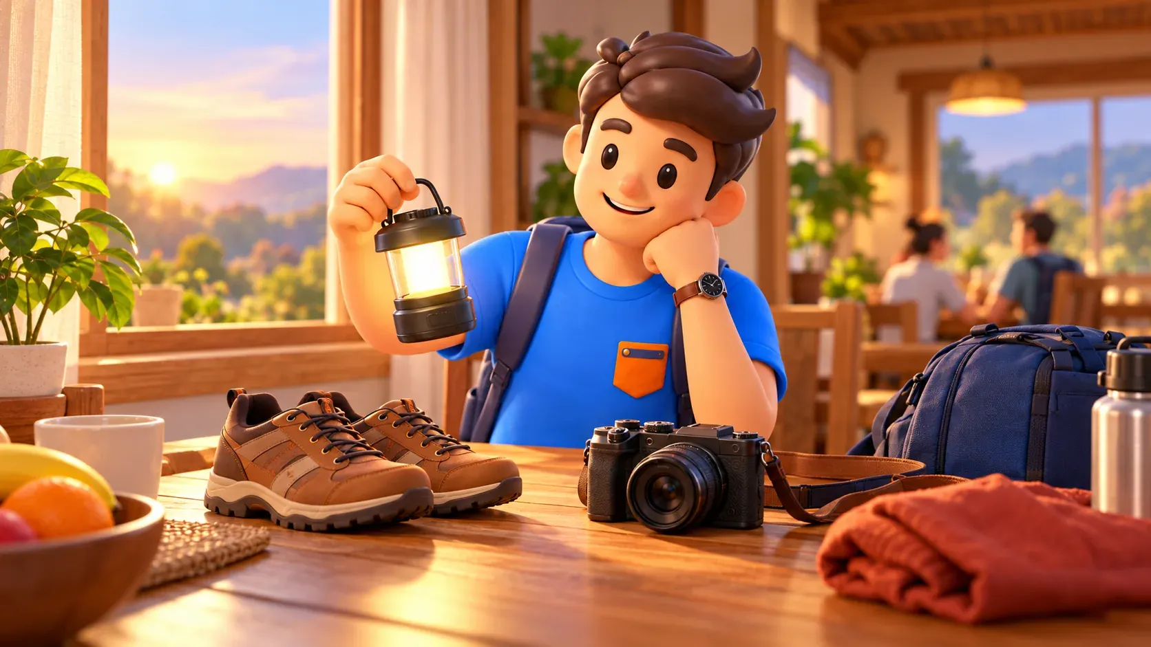 Personaje de RoadMe preparando calzado cómodo y cámara antes de una visita