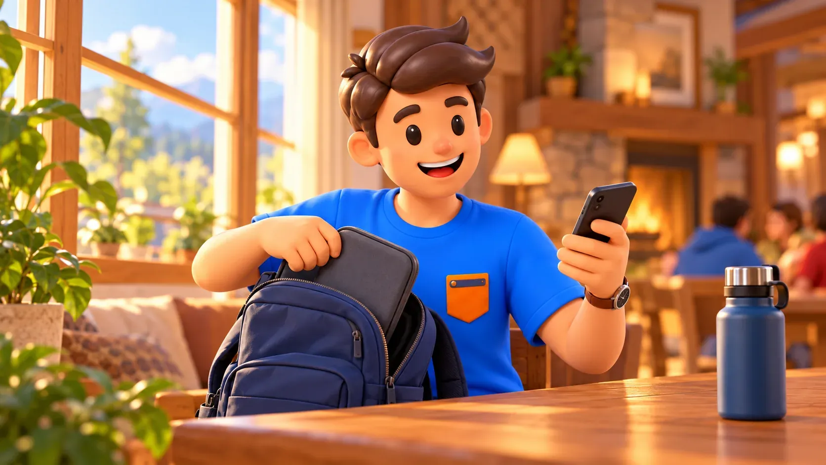 Traveller checking a phone before setting out