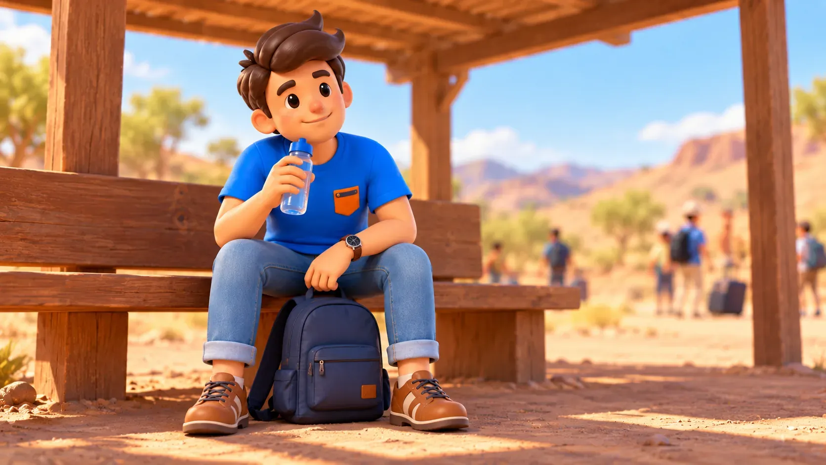 Traveller resting in a shaded shelter with water