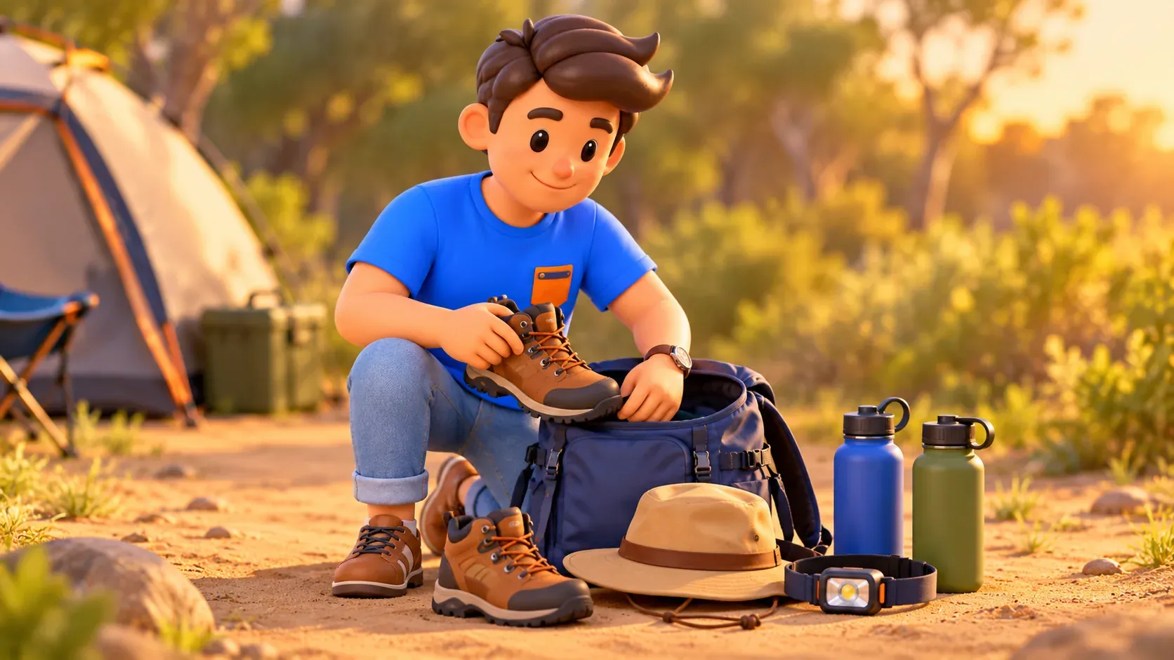 Traveller packing boots, water and a headlamp