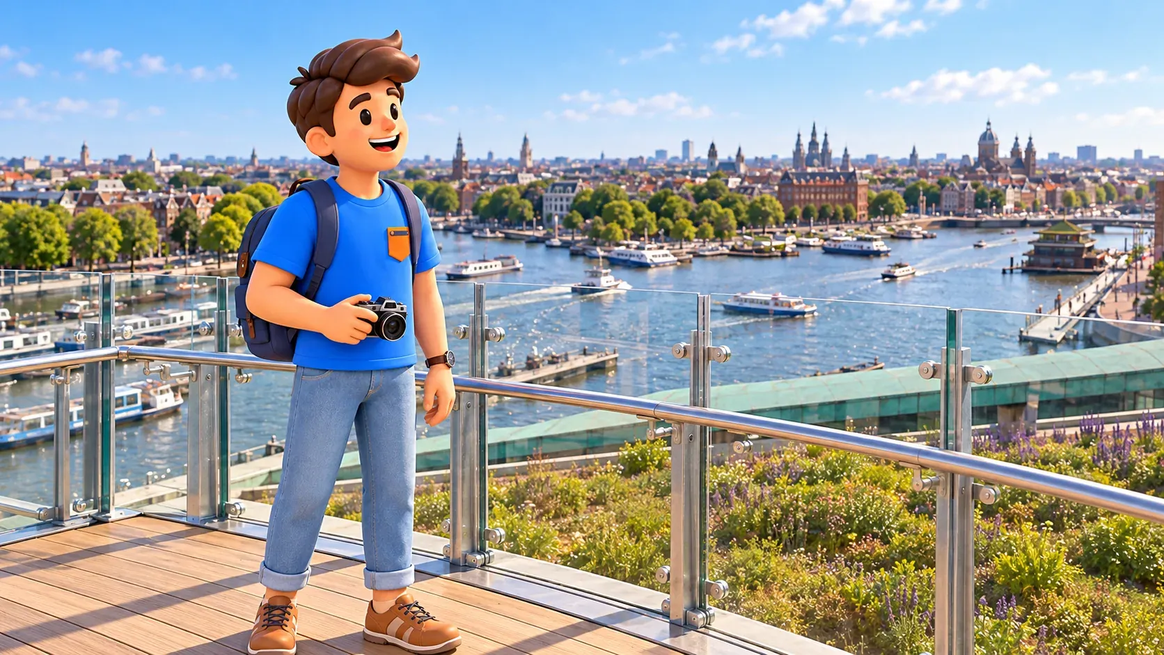 Тематическая иллюстрация зелёной крыши NEMO: путешественник с камерой за стеклянным ограждением