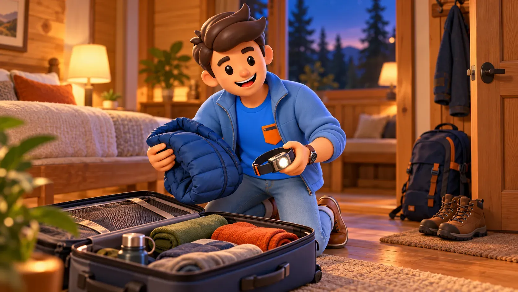 Mascot packing a warm jacket and headlamp in a cabin room