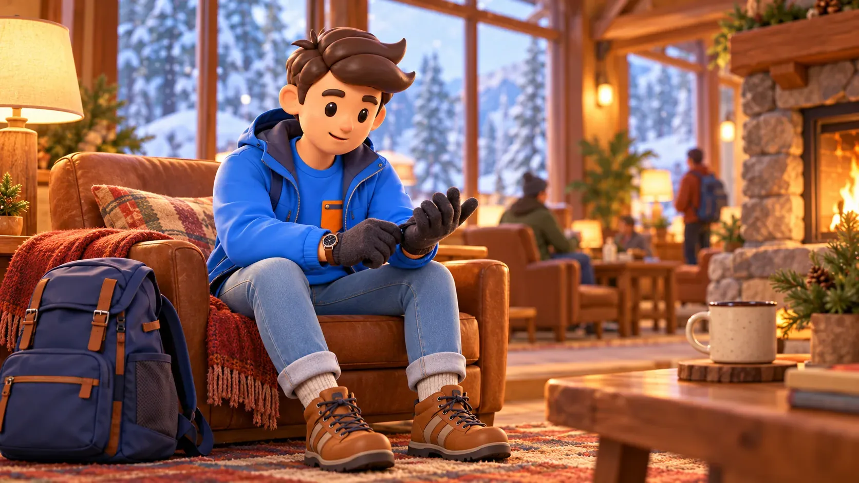 Mascot putting on gloves indoors before heading into snowy weather