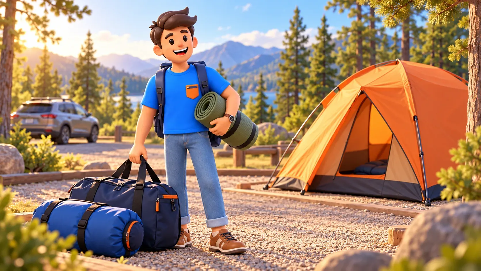 Traveller with sleeping mat beside a tent on a generic designated camping pad