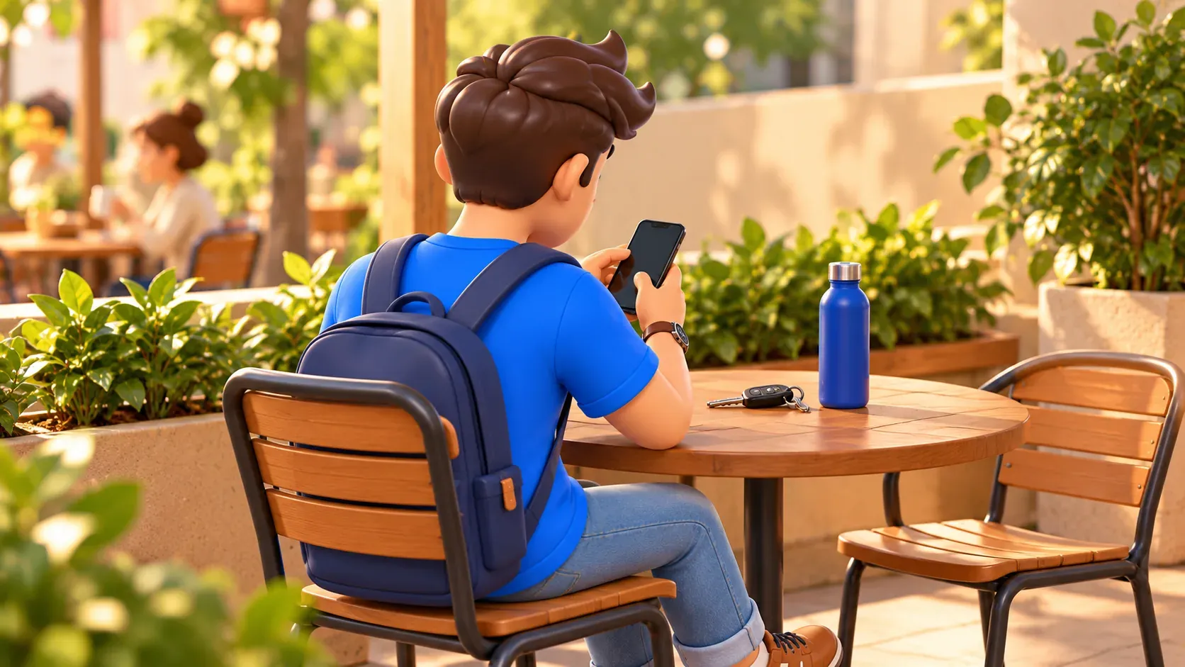 Voyageur consultant son téléphone lors d’une pause au café