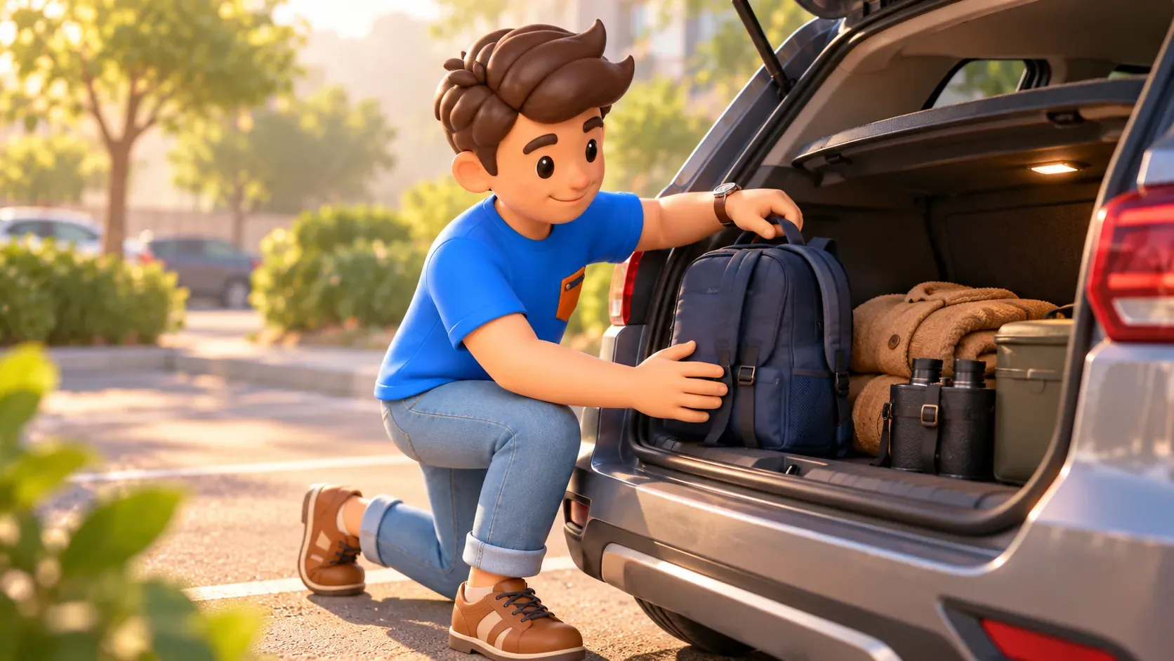 RoadMe character packing a backpack, jacket and binoculars in a car