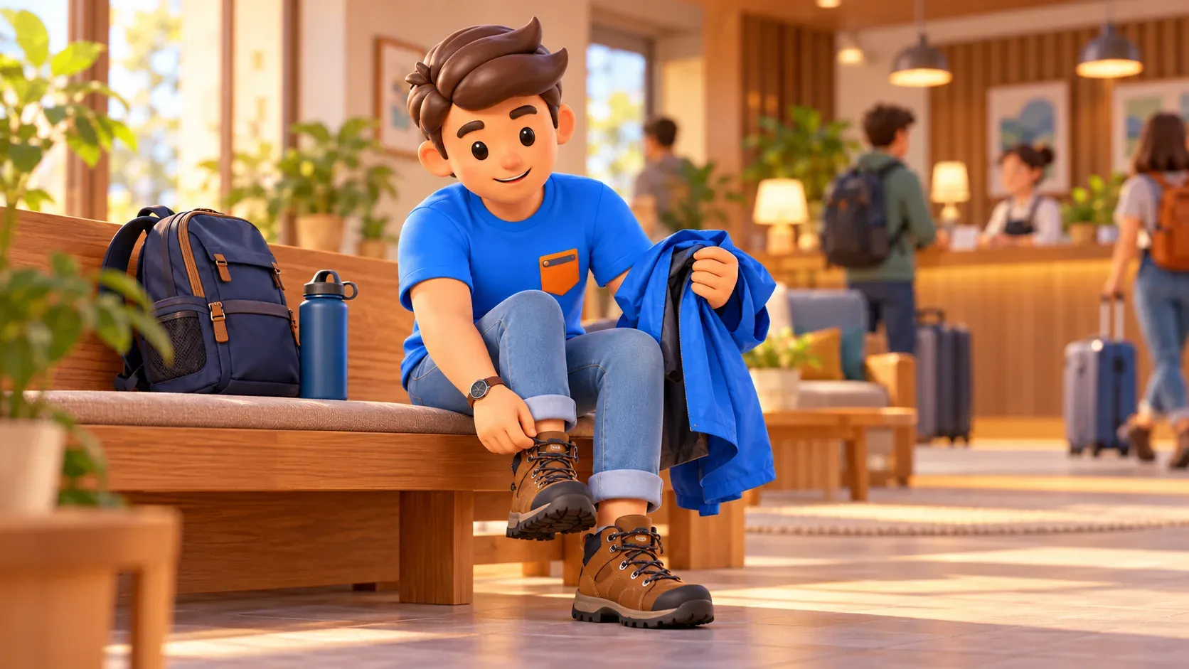 RoadMe character putting on walking boots and preparing a rain jacket