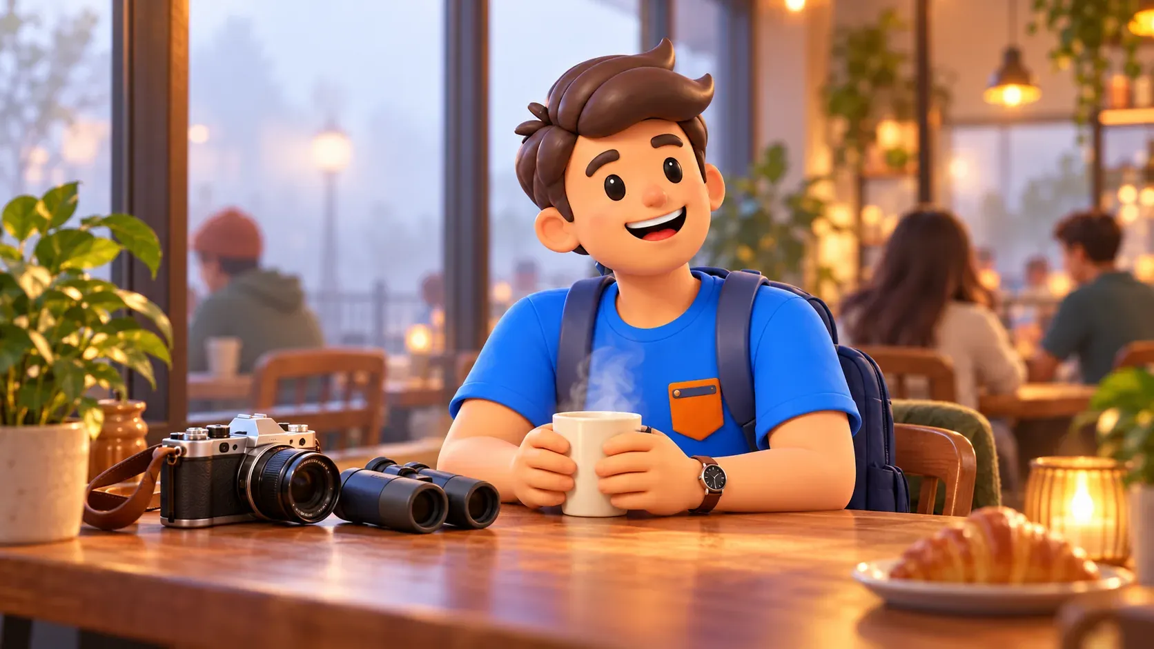 RoadMe character enjoying a relaxed cafe morning in foggy weather