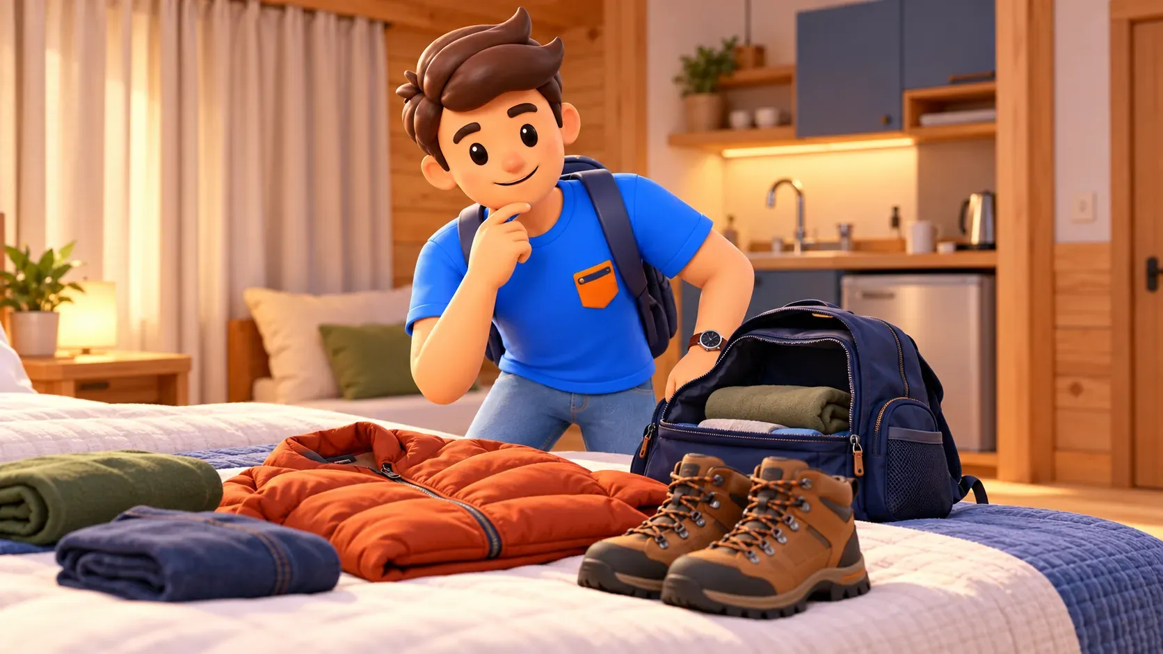 Traveller choosing layers and boots for the trip