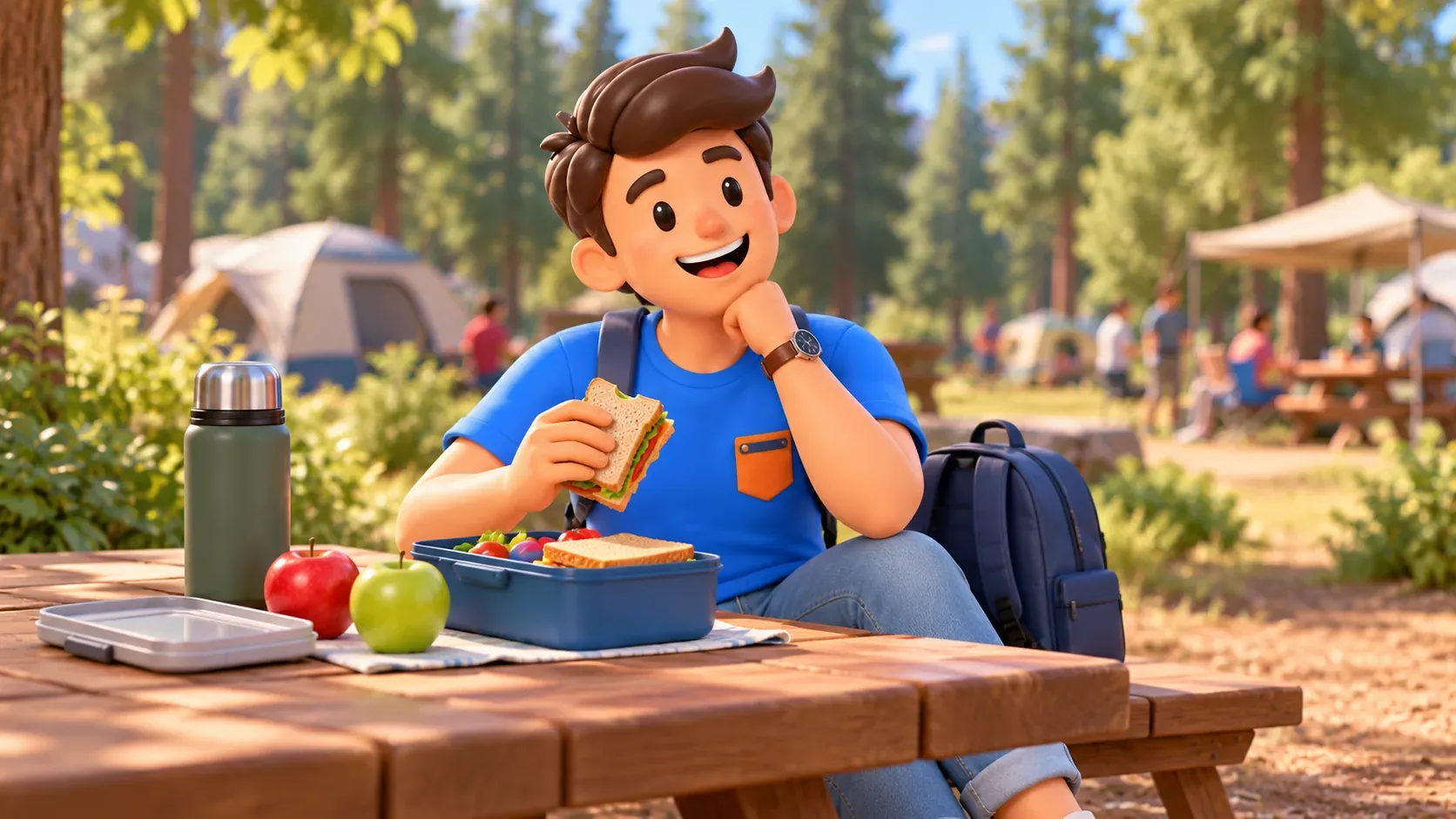 Traveller having a picnic at a woodland campsite
