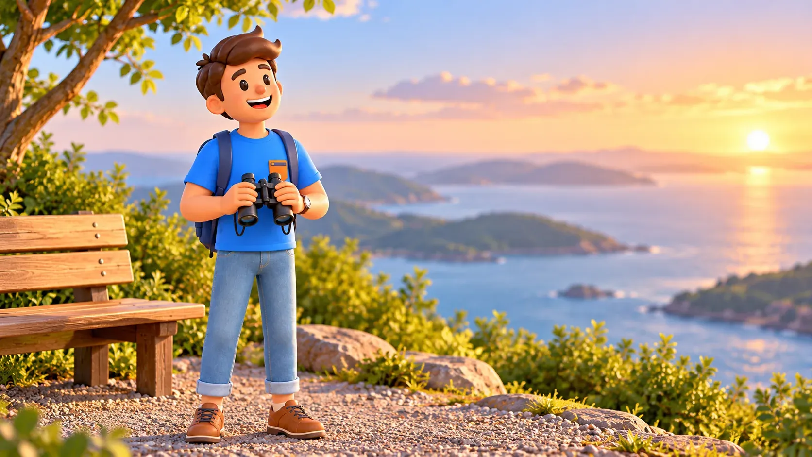 Traveller with binoculars enjoying a quiet coastal view