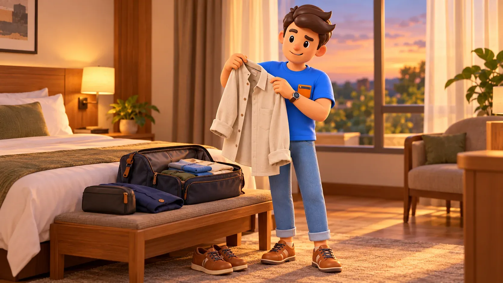 Un voyageur choisit une chemise avant un spectacle du soir