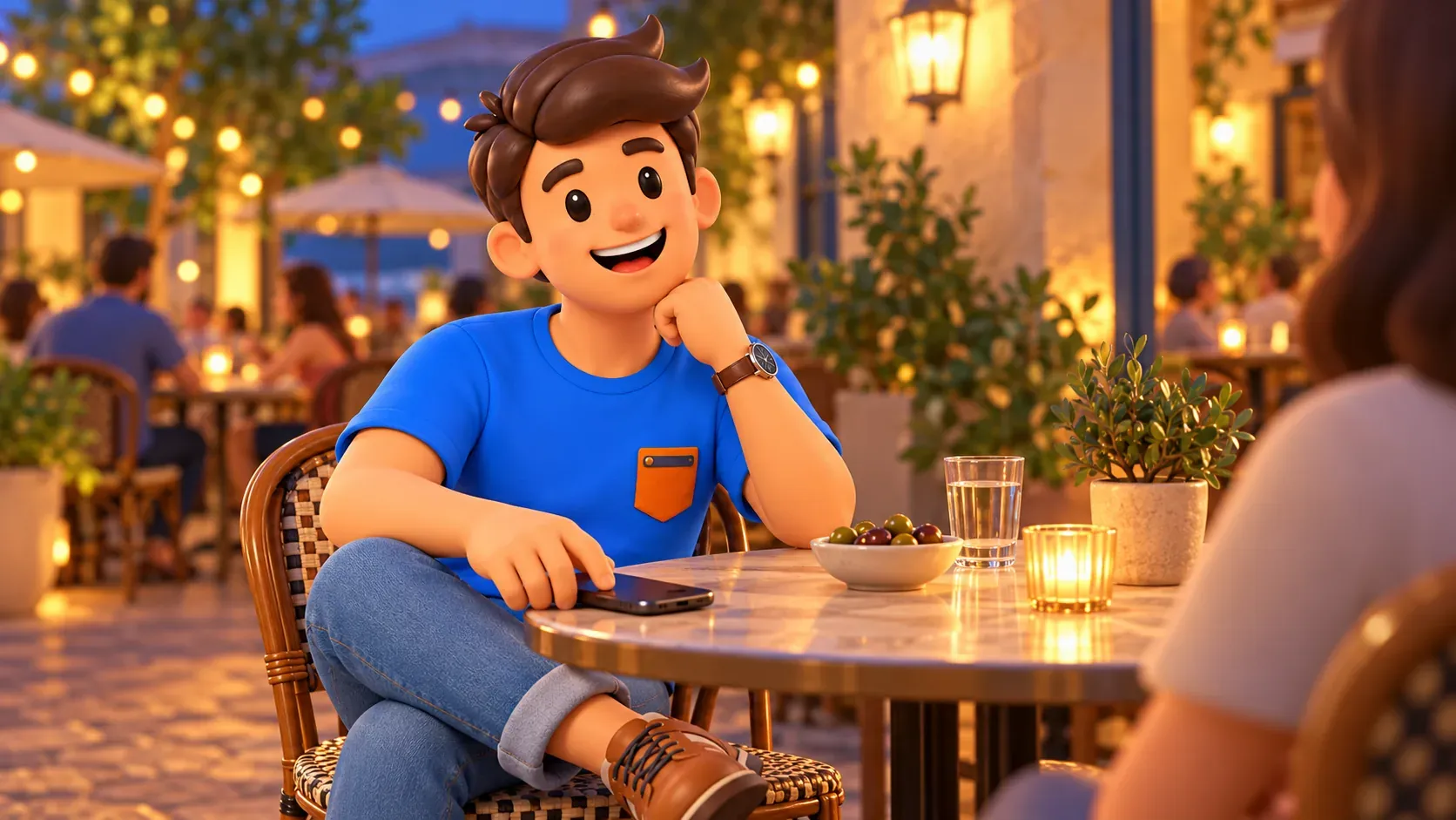 Un voyageur se détend à une table après un spectacle du soir
