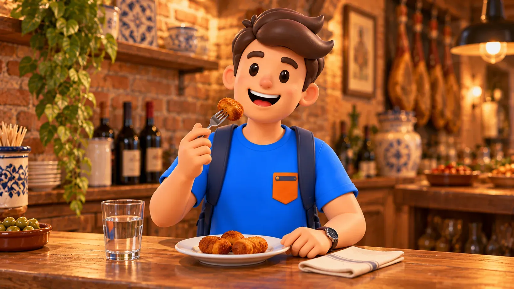 Ilustración conceptual de un viajero con una croqueta en una taberna