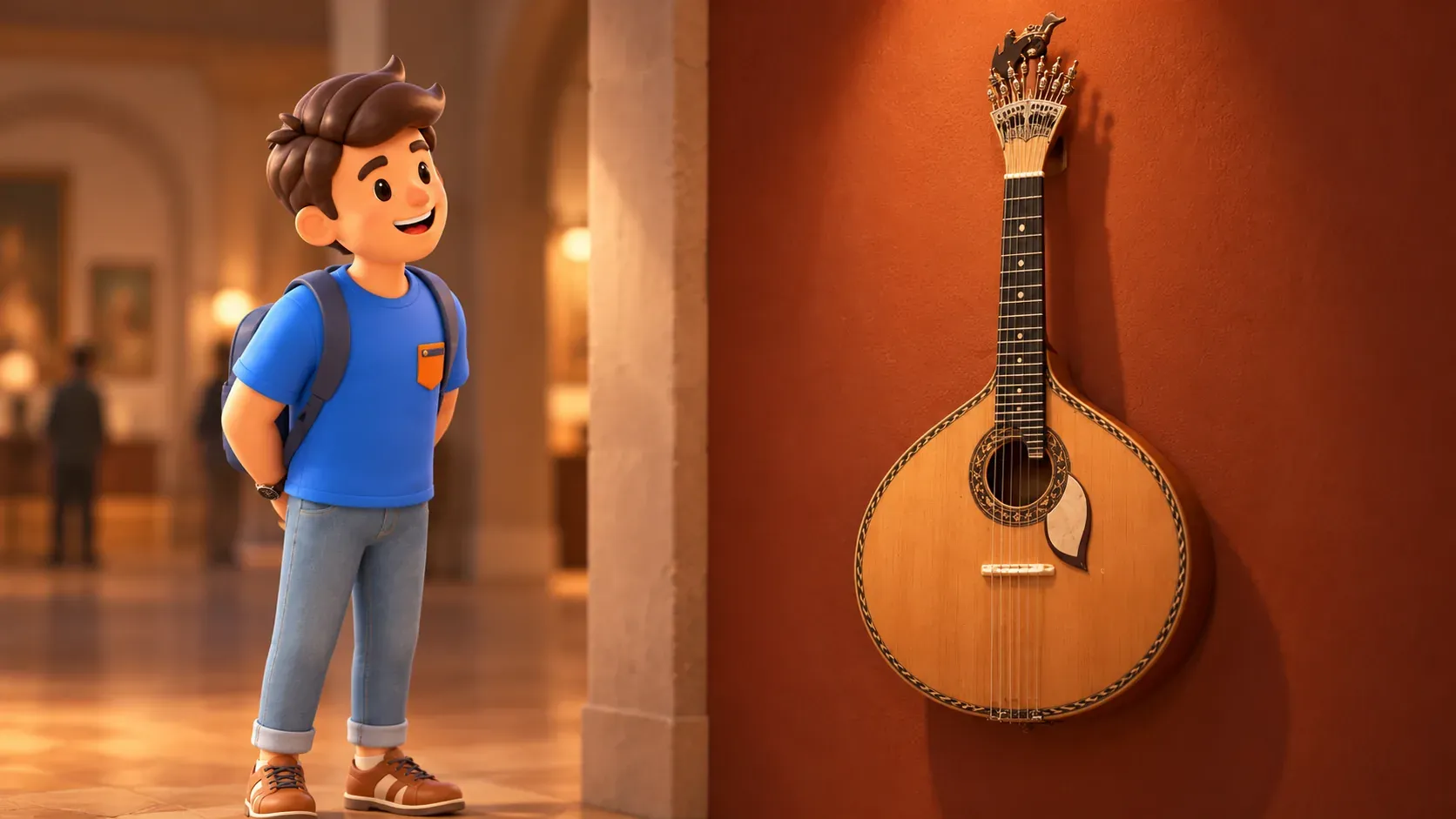 Un viajero observa una guitarra portuguesa dibujada a partir de un instrumento real