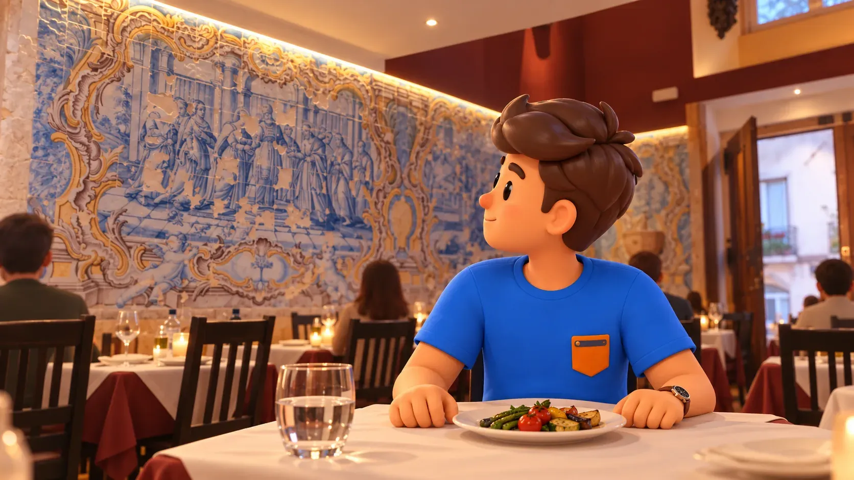 Un viajero hace una pausa en la cena y se vuelve para escuchar