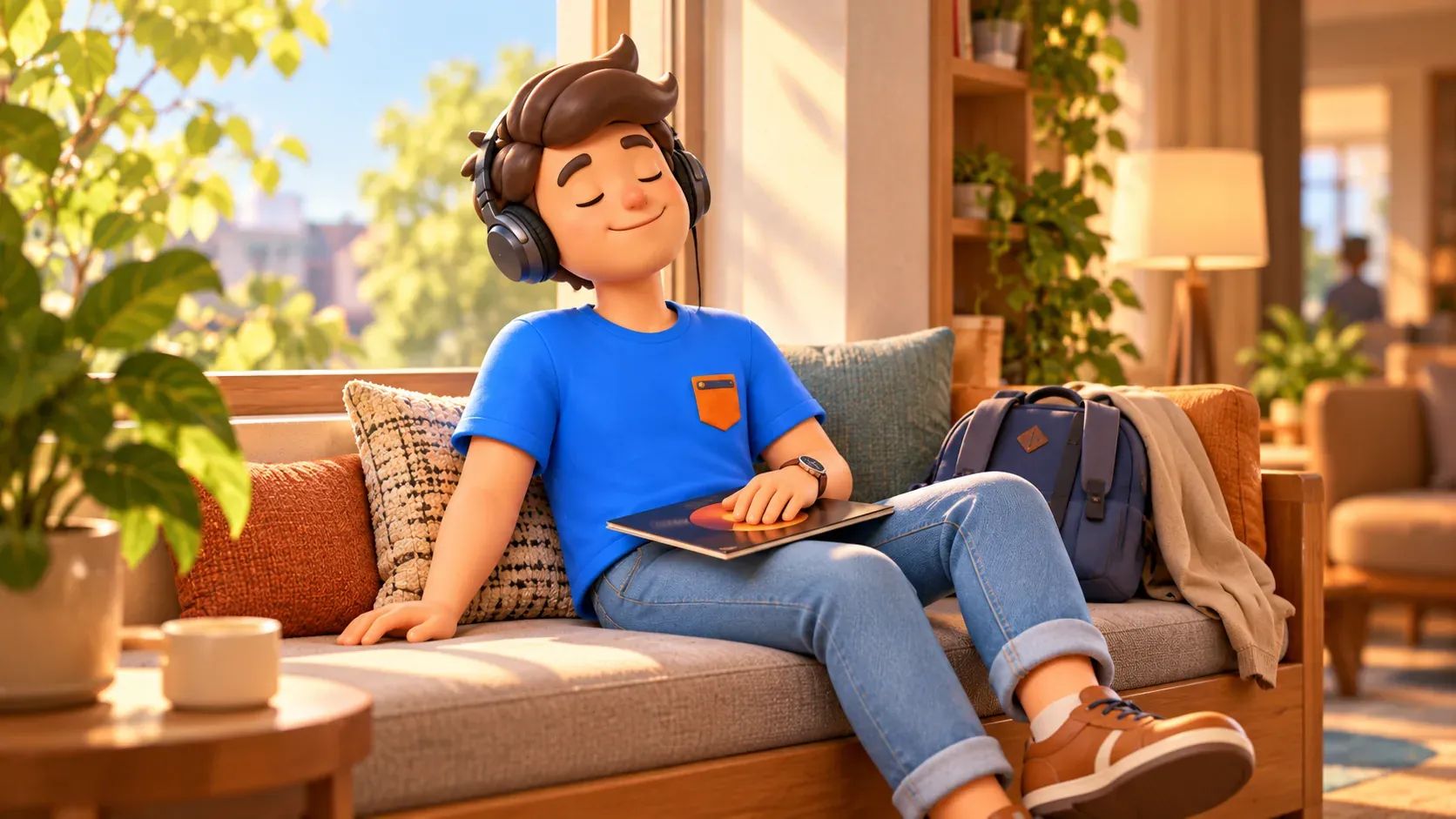 Un viajero escucha música con auriculares antes de una visita cultural